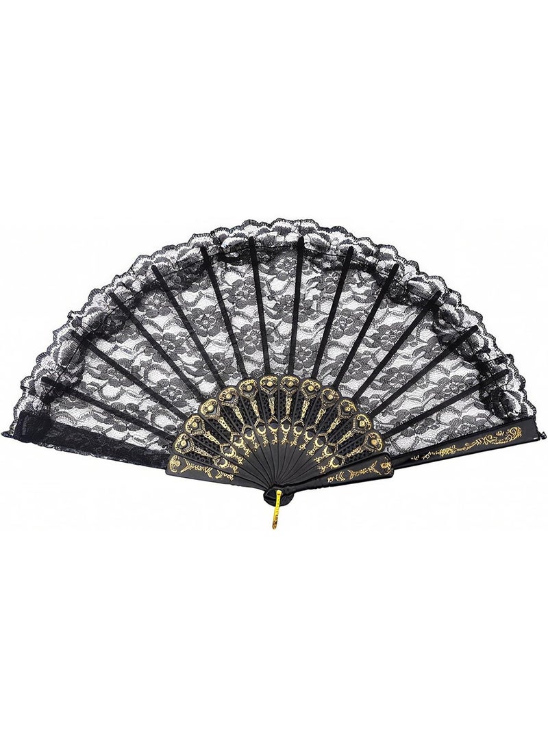Black Lace Handheld Chinese Folding Fan for Women, Embroidered Flower Decorative Folding Fans for Wedding, Bridal Party, Church Decoration, Tea Dance, 1920s Costume - Image 1